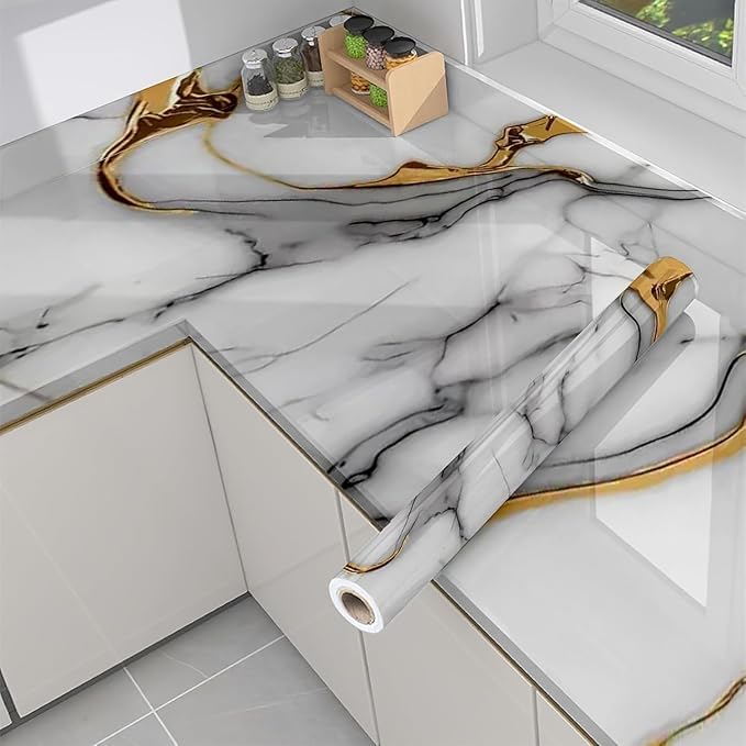 WALL INTERIORS Vinyl Peel and Stick Waterproof Wallpaper for Old Furniture Self Adhesive and Removable Surfaces for Home Cabinet Oil Proof Kitchen Countertop Stickers (60X200CM) (1, Gold Shade White) - Image 1