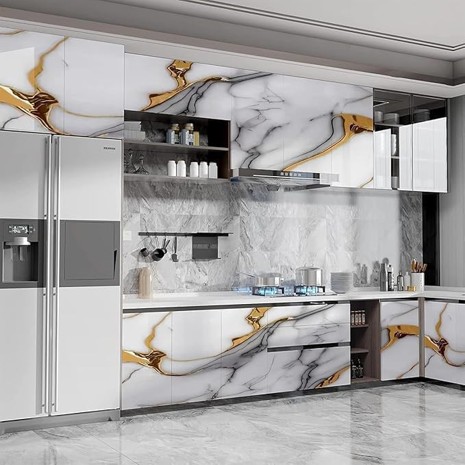 WALL INTERIORS Vinyl Peel and Stick Waterproof Wallpaper for Old Furniture Self Adhesive and Removable Surfaces for Home Cabinet Oil Proof Kitchen Countertop Stickers (60X200CM) (1, Gold Shade White) - Image 4
