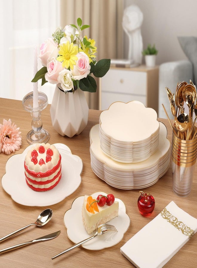 supernal 60pcs Ivory Gold Plastic Plates, Elegant Scalloped Disposable Dinnerware Set (30 Dinner & 30 Dessert Plates) - Heavy Duty Cream Floral Plates for Wedding, Bridal Shower, Mother's Day&Parties - Image 3