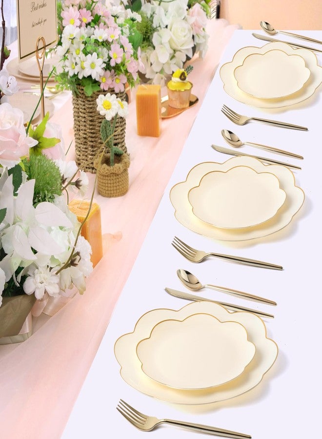 supernal 60pcs Ivory Gold Plastic Plates, Elegant Scalloped Disposable Dinnerware Set (30 Dinner & 30 Dessert Plates) - Heavy Duty Cream Floral Plates for Wedding, Bridal Shower, Mother's Day&Parties - Image 4