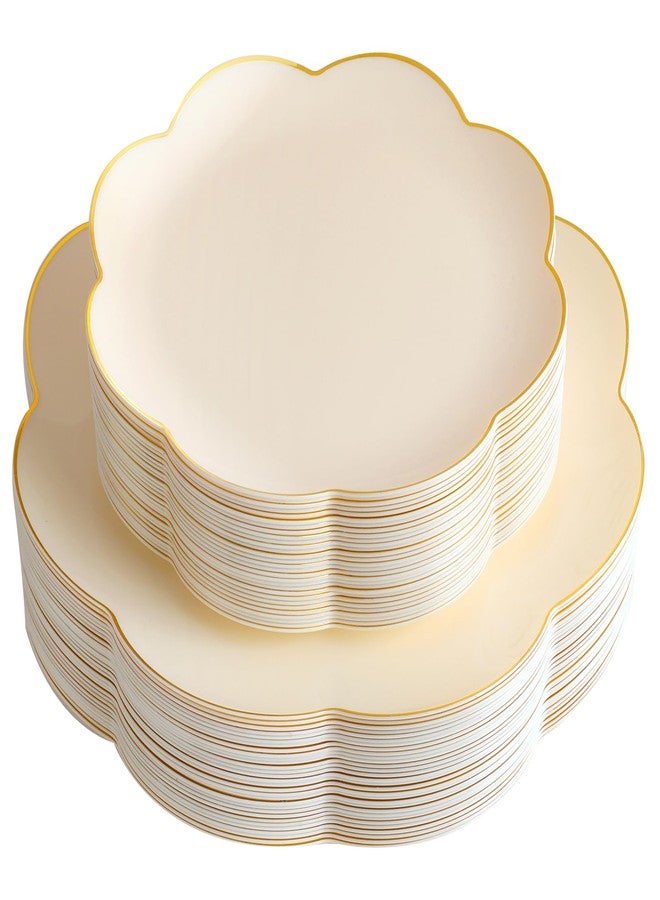 supernal 60pcs Ivory Gold Plastic Plates, Elegant Scalloped Disposable Dinnerware Set (30 Dinner & 30 Dessert Plates) - Heavy Duty Cream Floral Plates for Wedding, Bridal Shower, Mother's Day&Parties - Image 1