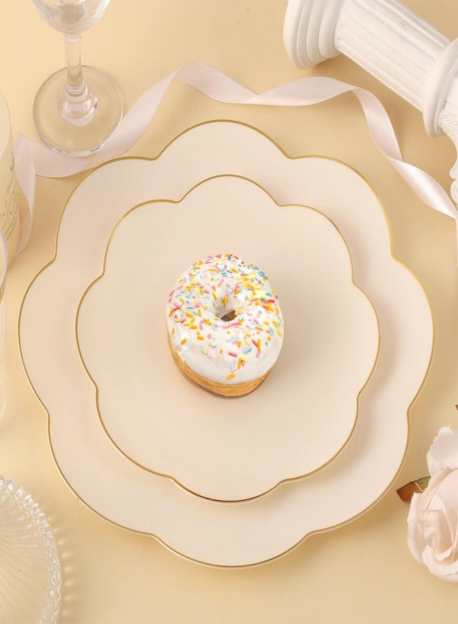 supernal 60pcs Ivory Gold Plastic Plates, Elegant Scalloped Disposable Dinnerware Set (30 Dinner & 30 Dessert Plates) - Heavy Duty Cream Floral Plates for Wedding, Bridal Shower, Mother's Day&Parties - Image 2