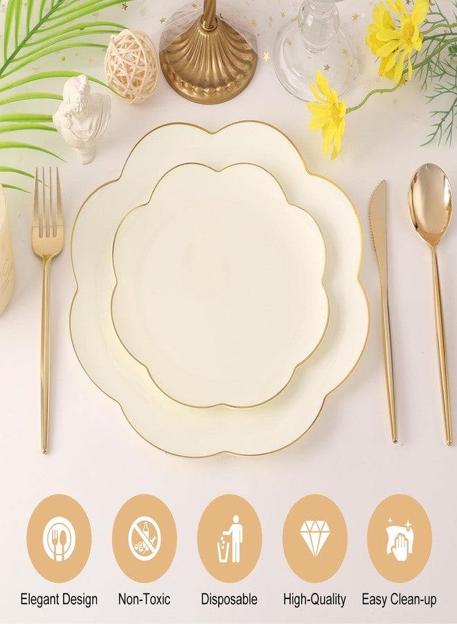 supernal 60pcs Ivory Gold Plastic Plates, Elegant Scalloped Disposable Dinnerware Set (30 Dinner & 30 Dessert Plates) - Heavy Duty Cream Floral Plates for Wedding, Bridal Shower, Mother's Day&Parties - Image 5