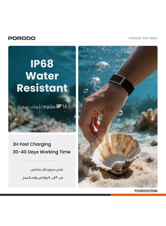 porodo TrackFit screenless fitness tracker with black and orange strap and black case - Image 2