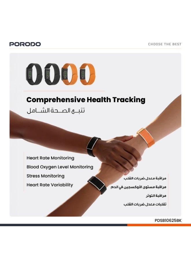 porodo TrackFit screenless fitness tracker with black and orange strap and black case - Image 3
