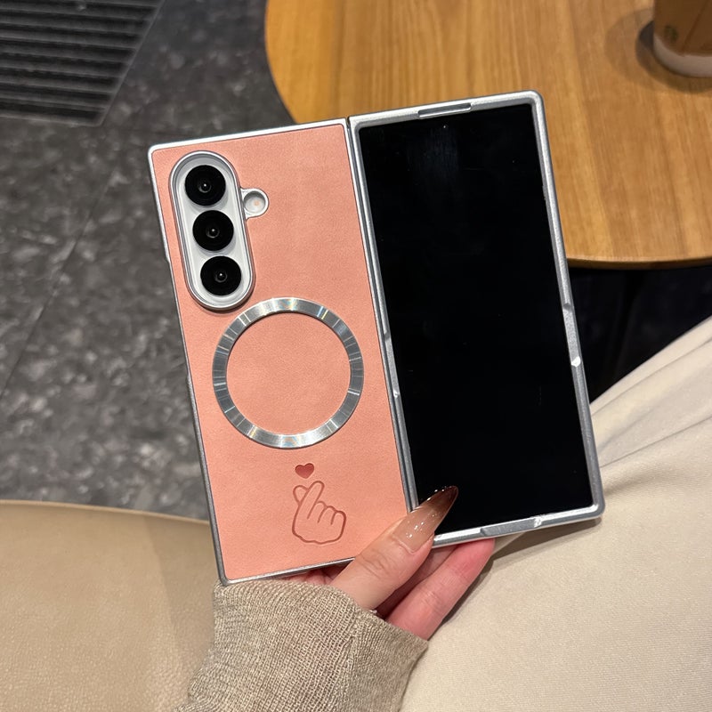 Fold Electroplated Silver Frame Heart Pattern Magnetic Phone Case Light Beige For Samsung Galaxy Z Fold 4 - Image 1