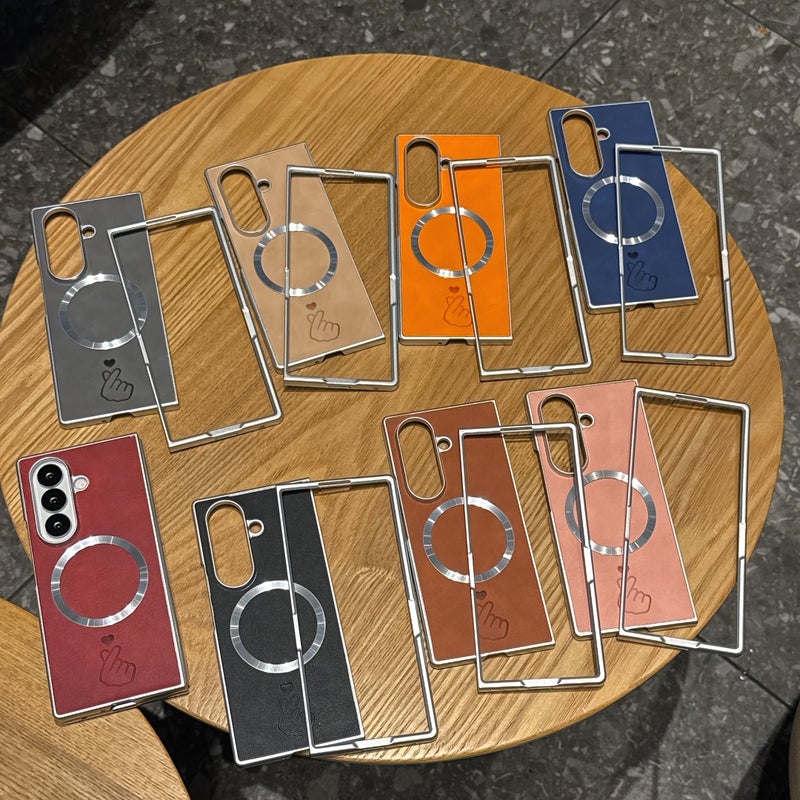 Fold Electroplated Silver Frame Heart Pattern Magnetic Phone Case Light Beige For Samsung Galaxy Z Fold 4 - Image 2