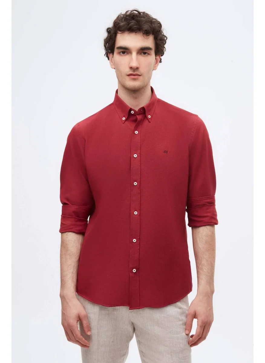 دي أس دامات Slim Fit Claret Red Oxford Button-down Collar Easy Ironable Embroidered Detailed Cotton Shirt 4HC02ORT03265