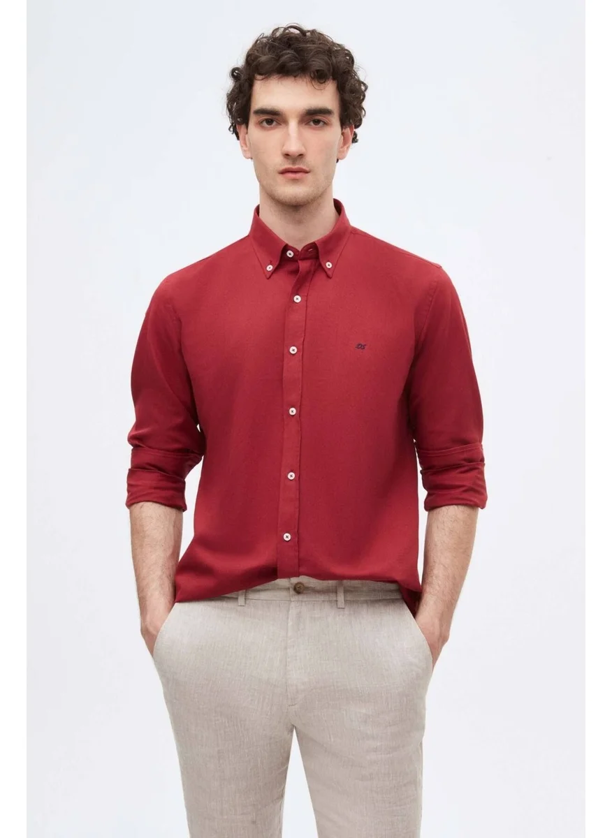 دي أس دامات Slim Fit Claret Red Oxford Button-down Collar Easy Ironable Embroidered Detailed Cotton Shirt 4HC02ORT03265