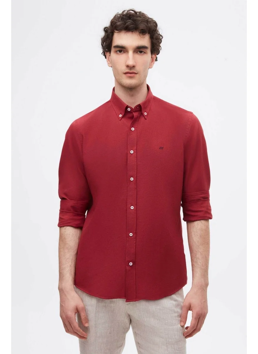 D'S DAMAT Slim Fit Claret Red Oxford Button-down Collar Easy Ironable Embroidered Detailed Cotton Shirt 4HC02ORT03265