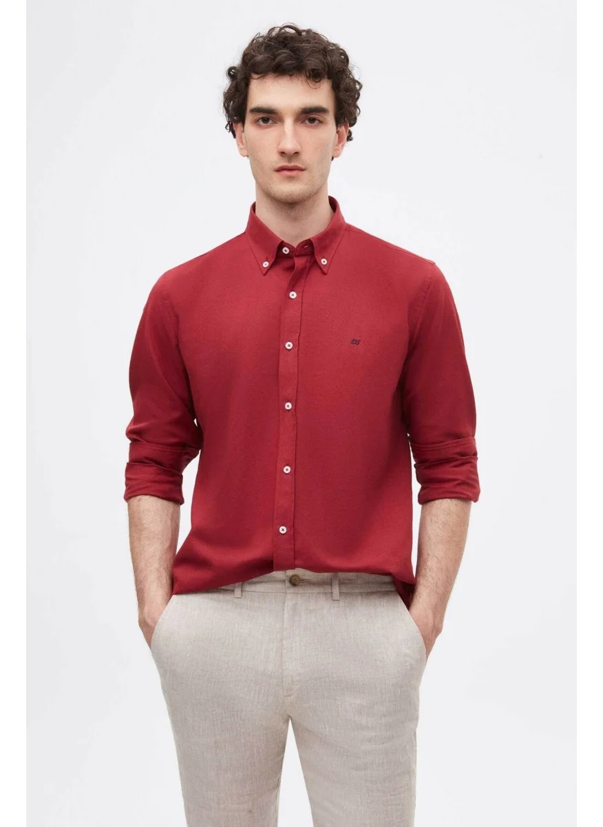 D'S DAMAT Slim Fit Claret Red Oxford Button-down Collar Easy Ironable Embroidered Detailed Cotton Shirt 4HC02ORT03265