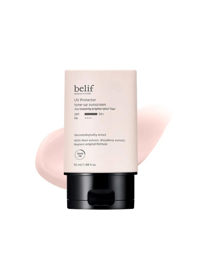 Belif UV Protector Tone Up Sunscreen, 2-in-1 Tone Up Sunscreen SPF 50+ PA++++ – Broad Spectrum UV Protection with Instant Glow | Hydrating, Water-Resistant, Pink-Toned Primer for All Skin Types | 50ml - Image 1