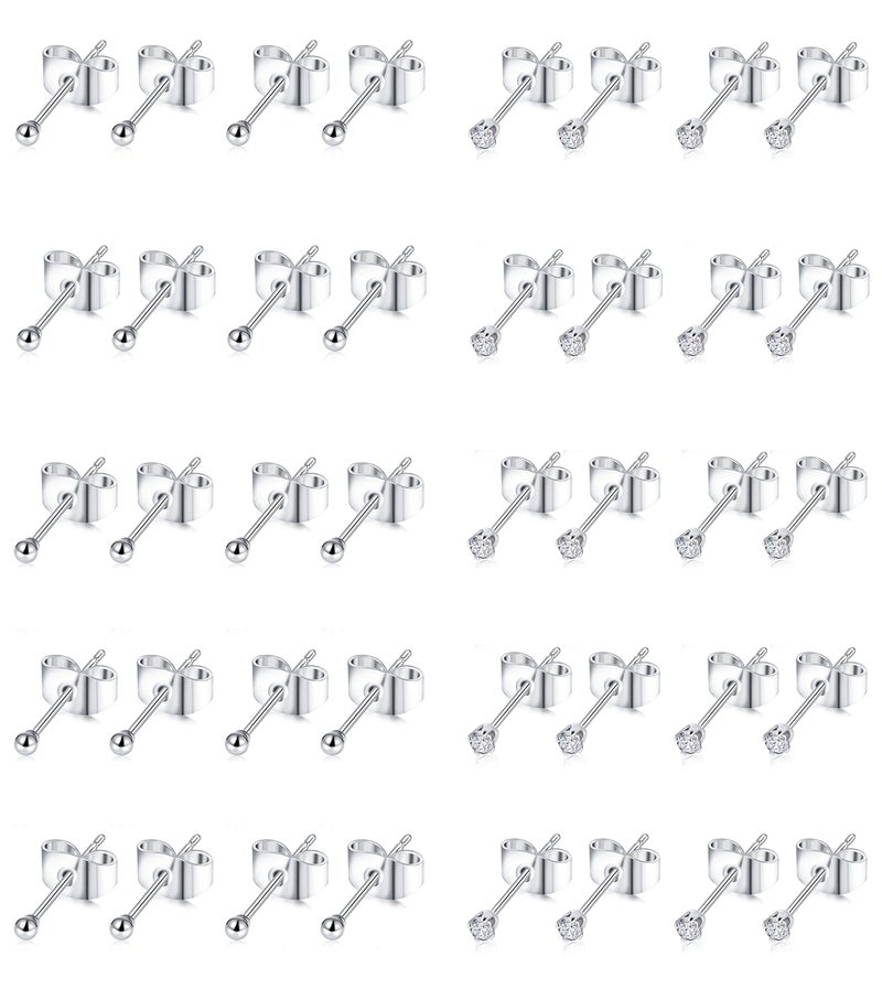 Tornito 20 Pairs 20G 2mm Tiny Stud Earrings 316L Stainless Steel Small CZ Ball Earring Set For Men Women - Image 1