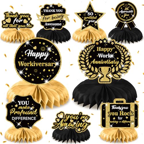 LUUFILx 9Pcs Happy Work Anniversary Decorations Black Gold Happy Workiversary Table Honeycomb Centerpieces Office Anniversary Party Table Topper Decor for Employee Worker Anniversary Appreciation Supplies - Image 1