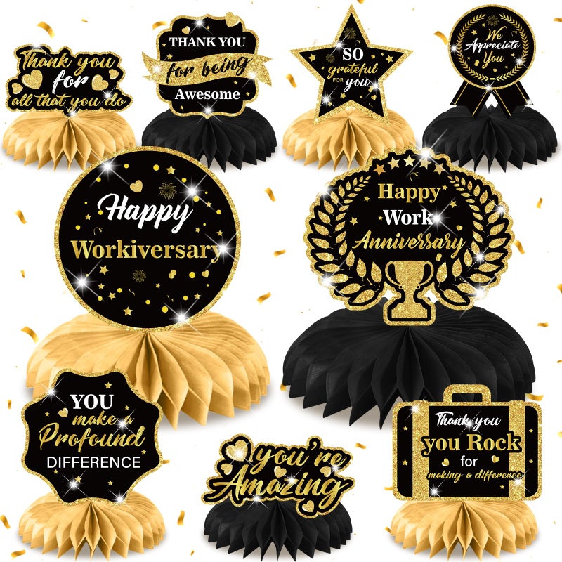 LUUFILx 9Pcs Happy Work Anniversary Decorations Black Gold Happy Workiversary Table Honeycomb Centerpieces Office Anniversary Party Table Topper Decor for Employee Worker Anniversary Appreciation Supplies - Image 3