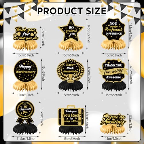 LUUFILx 9Pcs Happy Work Anniversary Decorations Black Gold Happy Workiversary Table Honeycomb Centerpieces Office Anniversary Party Table Topper Decor for Employee Worker Anniversary Appreciation Supplies - Image 5