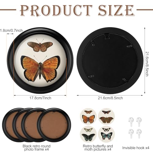 Beeveer 4 Pcs 7 Inch Vintage Round Wood Framed Butterfly Wall Art Insect Illustration Prints Picture Butterfly Art Wooden Wall Hanging Picture Frames for Living Room Bedroom Home Decor - Image 3