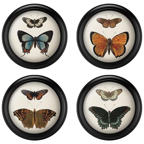 Beeveer 4 Pcs 7 Inch Vintage Round Wood Framed Butterfly Wall Art Insect Illustration Prints Picture Butterfly Art Wooden Wall Hanging Picture Frames for Living Room Bedroom Home Decor - Image 1