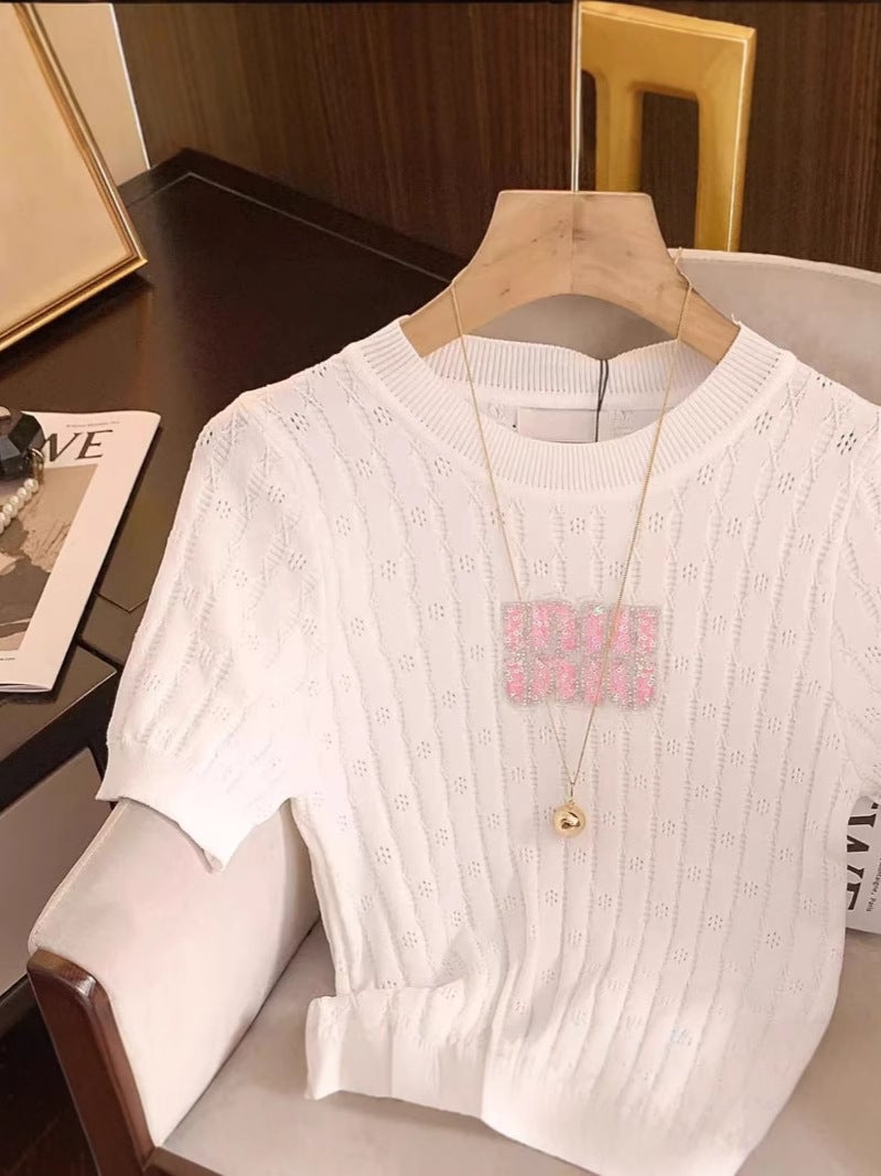 Pit Strip Hollow-Out Diamond Letters Slim-Fit Slimming Short-Sleeved T-Shirt 2025 Fashion Casual Base Top - Image 4