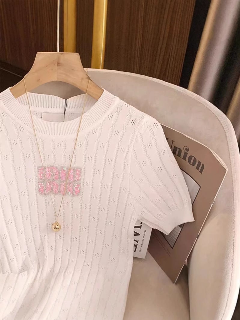 Pit Strip Hollow-Out Diamond Letters Slim-Fit Slimming Short-Sleeved T-Shirt 2025 Fashion Casual Base Top - Image 5