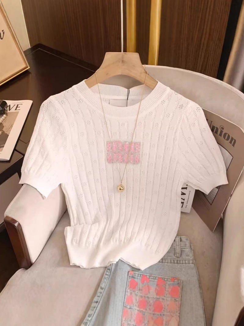Pit Strip Hollow-Out Diamond Letters Slim-Fit Slimming Short-Sleeved T-Shirt 2025 Fashion Casual Base Top - Image 2