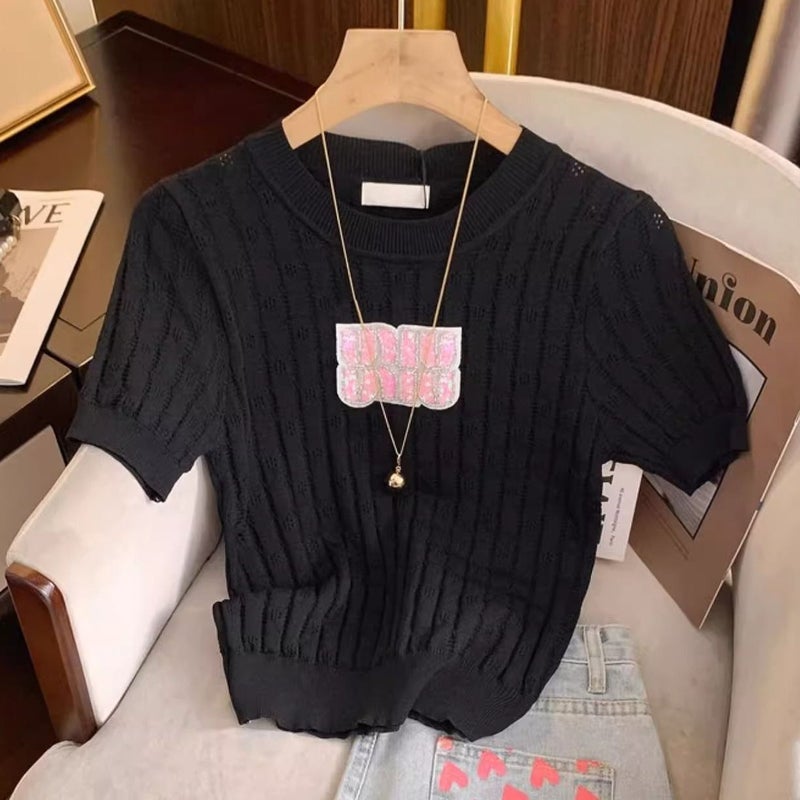 Pit Strip Hollow-Out Diamond Letters Slim-Fit Slimming Short-Sleeved T-Shirt 2025 Fashion Casual Base Top - Image 1