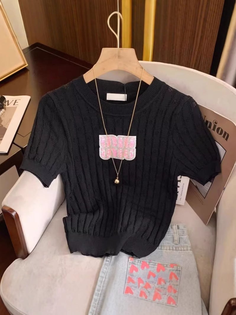 Pit Strip Hollow-Out Diamond Letters Slim-Fit Slimming Short-Sleeved T-Shirt 2025 Fashion Casual Base Top - Image 3