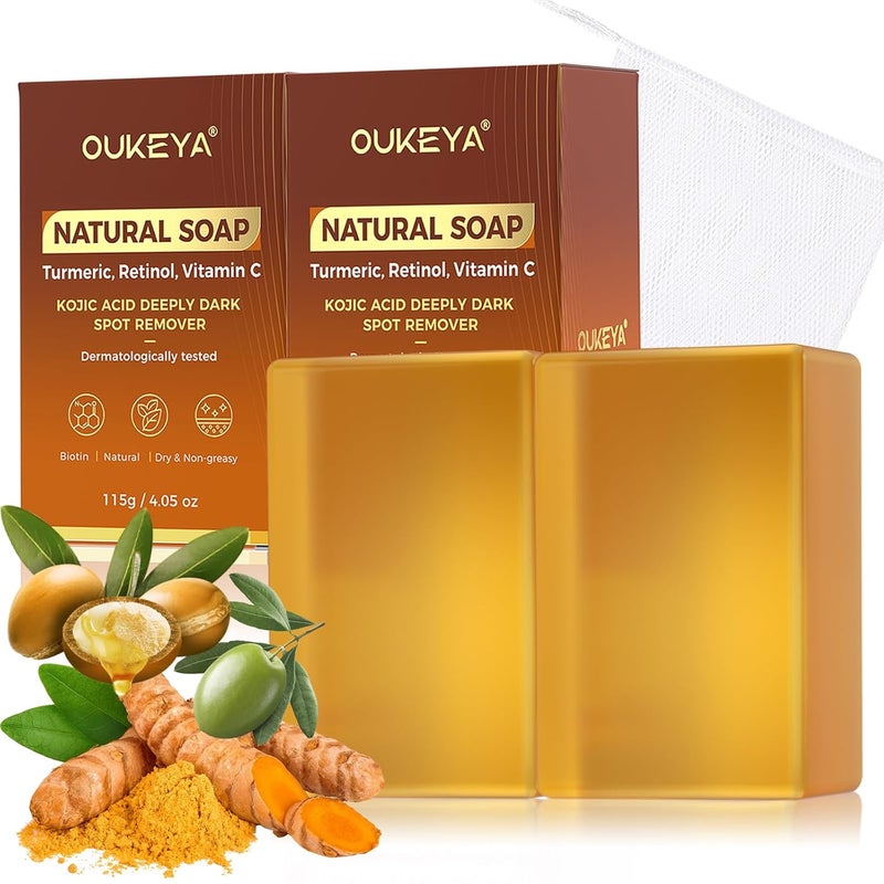 OUKEYA Dark Spot Remover Soap Bars, Turmeric Soap Bar, for Body & Face with Vitamin C, E, Retinol, Collagen, Shea Butter, Infused with Hyaluronic Acid, 2 Pack, Natural Soap for Men, Women