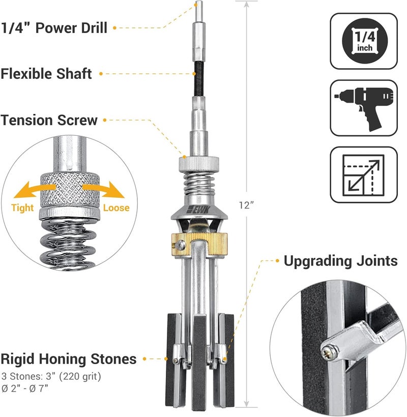 EWK 2" to 7" 3 Stones Engine Cylinder Hone Tool Adjustable Cylinder Deglazer Piston Honer 220 Grit - Image 2