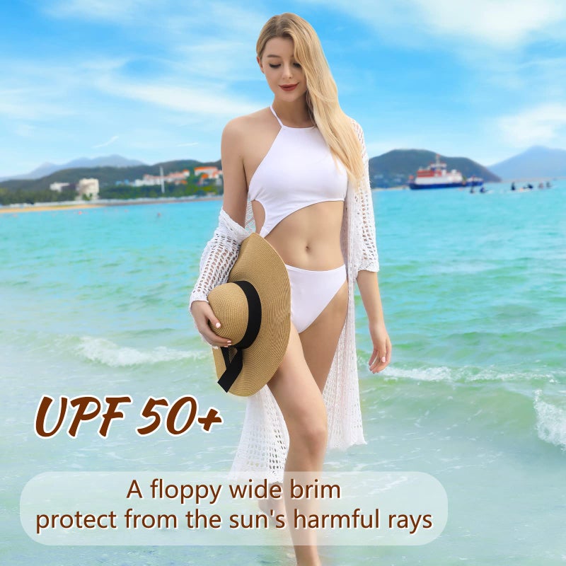 TOBEHIGHER Beach Hats for Women - Sun Hat Womens UPF 50+, Packable Roll Up, Wide Brim Straw Women, Vocation, Cruise, Honeymoon, Travel,Khaki - Image 3