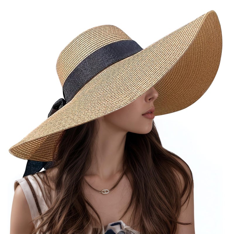 TOBEHIGHER Beach Hats for Women - Sun Hat Womens UPF 50+, Packable Roll Up, Wide Brim Straw Women, Vocation, Cruise, Honeymoon, Travel,Khaki - Image 1