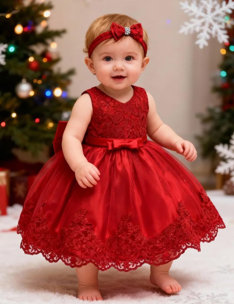 LZH Toddler Christmas Dress Baby Girl Christmas Dresses 12-18 Months,Big Bowknot Lace Toddler Girl Christmas Dress Party Red - Image 3