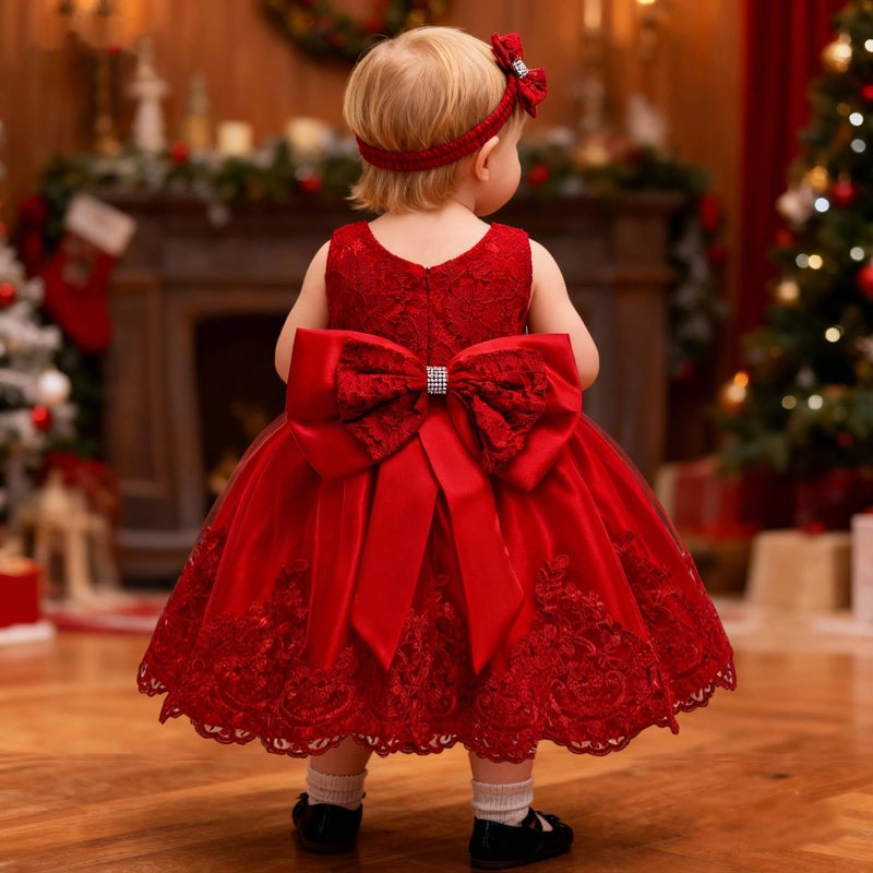 LZH Toddler Christmas Dress Baby Girl Christmas Dresses 12-18 Months,Big Bowknot Lace Toddler Girl Christmas Dress Party Red - Image 2