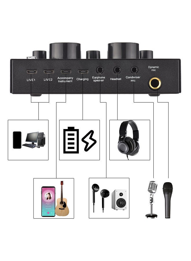 V8 External Live Sound Card Microphone Set Mini Sound Mixer Board for Live Streaming Karaoke Singing Music Recording with 12 Funny Sound Effects BT Connection for Smartphone Laptop Tablet PC