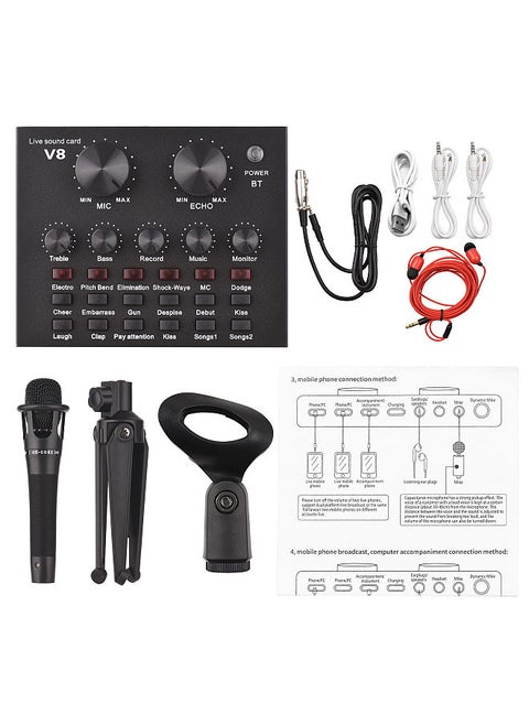 V8 External Live Sound Card Microphone Set Mini Sound Mixer Board for Live Streaming Karaoke Singing Music Recording with 12 Funny Sound Effects BT Connection for Smartphone Laptop Tablet PC