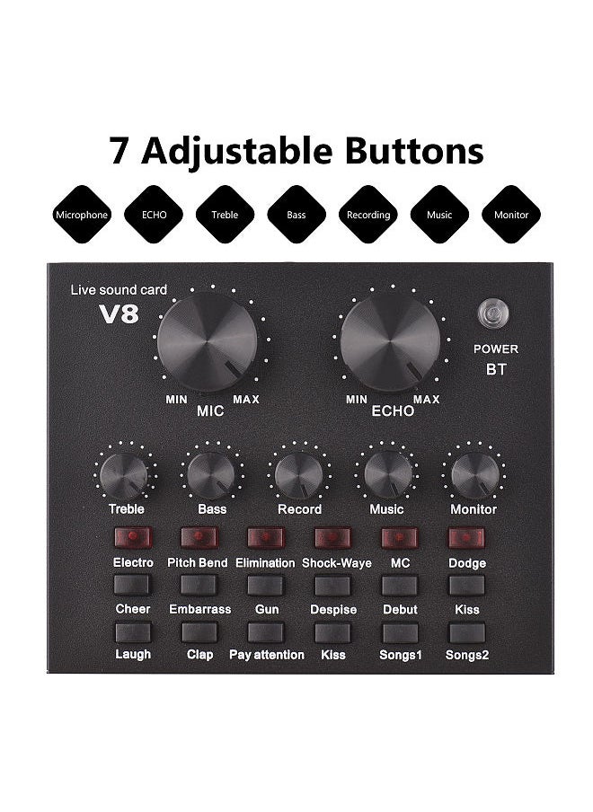 V8 External Live Sound Card Microphone Set Mini Sound Mixer Board for Live Streaming Karaoke Singing Music Recording with 12 Funny Sound Effects BT Connection for Smartphone Laptop Tablet PC
