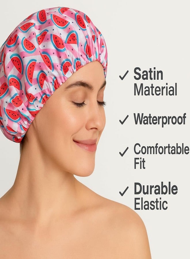 AUM ENTERPRISE RAMNATH IMPEX Cute Fruite Shower Cap for Women & Girls - Hair Bonnet - Reusable, Comfortable & Stylish Hair Protector with watermelon Print - Double-Layered and Eco-Friendly - All Hair Types. (watermelon) - Image 2