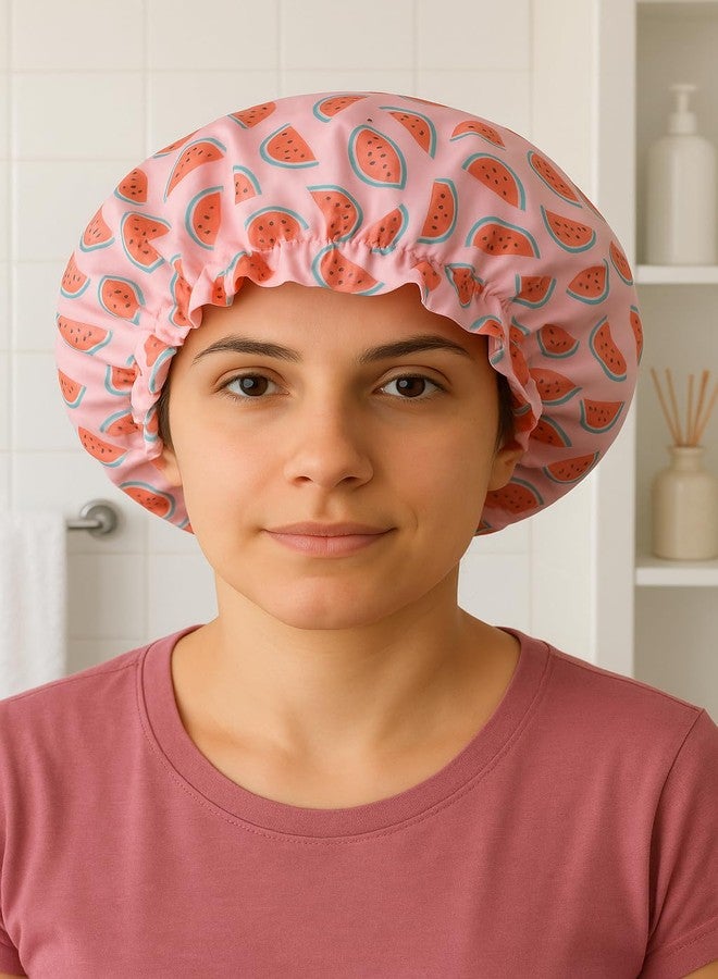 AUM ENTERPRISE RAMNATH IMPEX Cute Fruite Shower Cap for Women & Girls - Hair Bonnet - Reusable, Comfortable & Stylish Hair Protector with watermelon Print - Double-Layered and Eco-Friendly - All Hair Types. (watermelon) - Image 4