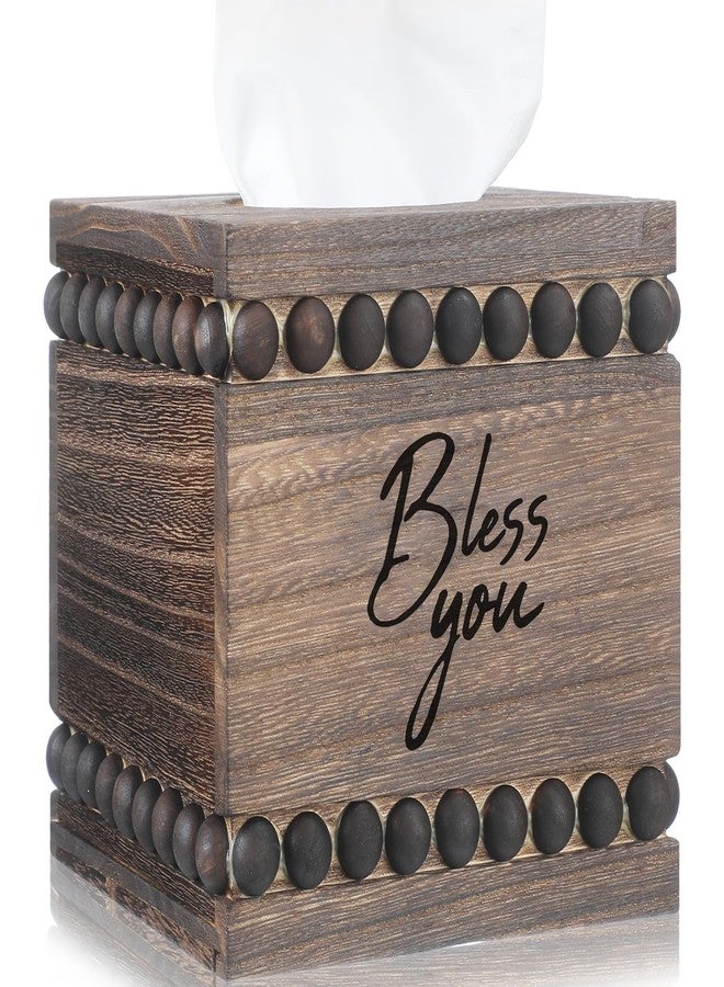Lineshading Bless You Beaded Square Tissue Box Cover, Rustic Farmhouse Vintage Wooden Tissue Holder Box Distressed Napkin Holder for Table Bathroom Decor (Brown) - Image 1