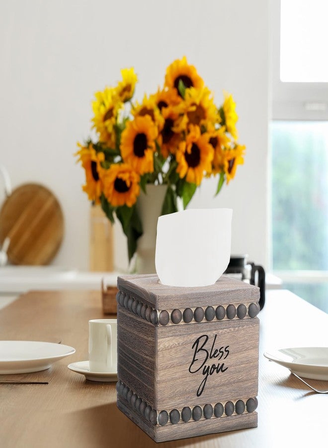 Lineshading Bless You Beaded Square Tissue Box Cover, Rustic Farmhouse Vintage Wooden Tissue Holder Box Distressed Napkin Holder for Table Bathroom Decor (Brown) - Image 3