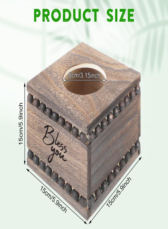 Lineshading Bless You Beaded Square Tissue Box Cover, Rustic Farmhouse Vintage Wooden Tissue Holder Box Distressed Napkin Holder for Table Bathroom Decor (Brown) - Image 2