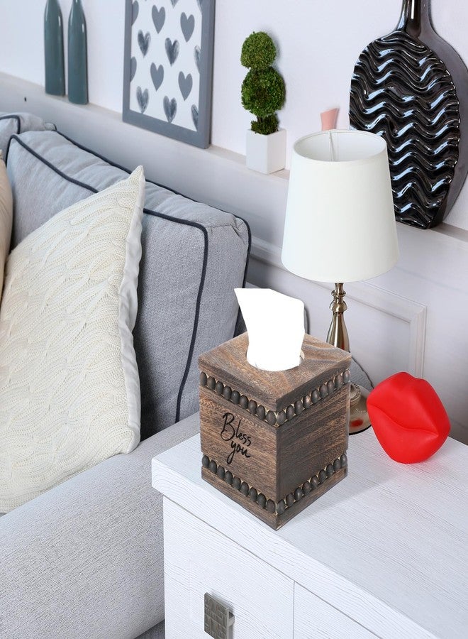 Lineshading Bless You Beaded Square Tissue Box Cover, Rustic Farmhouse Vintage Wooden Tissue Holder Box Distressed Napkin Holder for Table Bathroom Decor (Brown) - Image 4