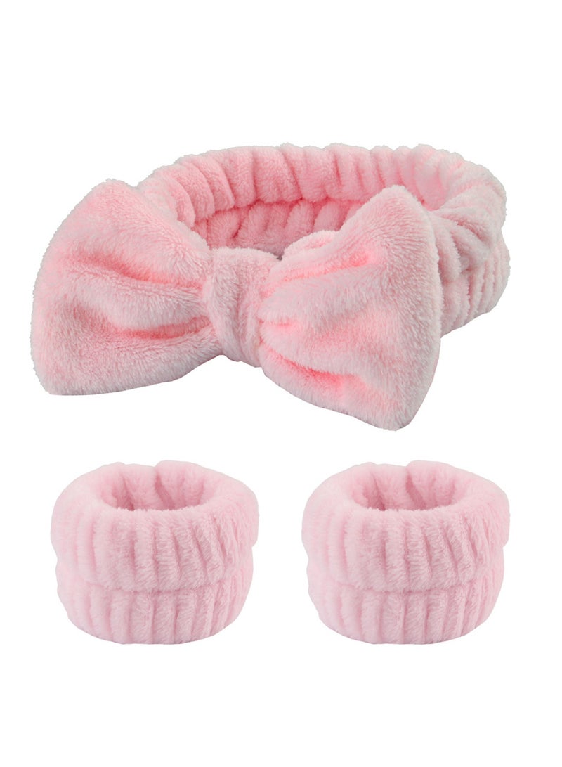 AROAQ SPA Headband Face Wash Wristband and Headband Set Microfiber Wristbands Wrist Towels for Washing Face, Absorbent Wash Bands Wrist Scrunchies No Drip Cleansing Cuffs for Girls Pink - Image 1