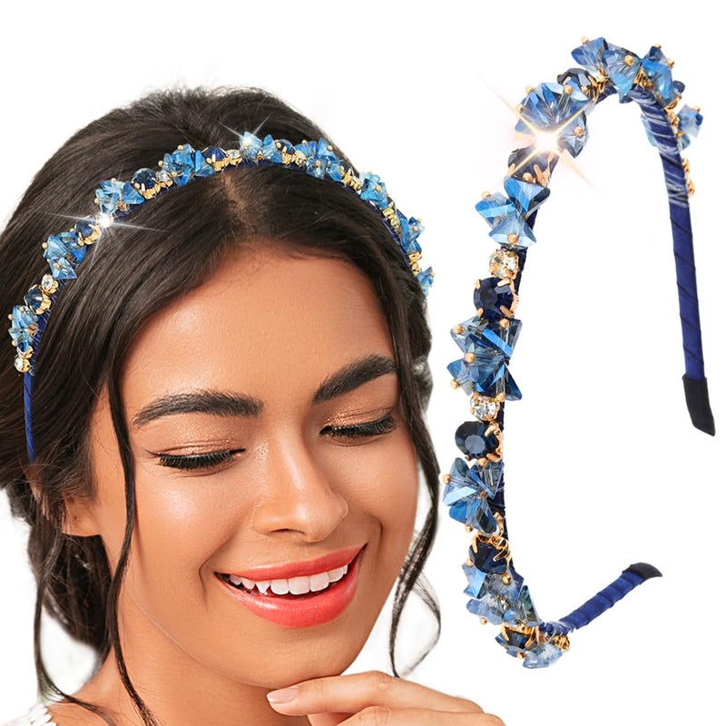 Urieo Blue Crystal Headband for Women and Girls Rhinestone Hair Band Party Wedding Jeweled Hair Accessories