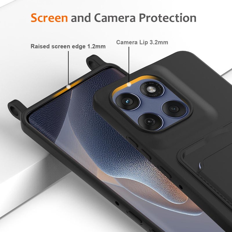 إيروريكس جراب هاتف من السيليكون السائل بلون سادة مع حبل لهاتف موتورولا إيدج 60 ستايلس مع قلم مدمج للبطاقات (أسود) - Image 5