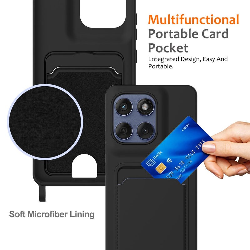 إيروريكس جراب هاتف من السيليكون السائل بلون سادة مع حبل لهاتف موتورولا إيدج 60 ستايلس مع قلم مدمج للبطاقات (أسود) - Image 4