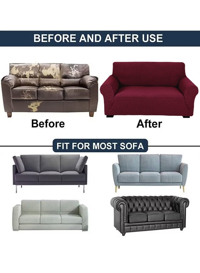 فابينني غطاء أريكة عالي التمدد بمقعدين، غطاء أريكة من القماش الناعم المصقول، تغطية كاملة رائعة لحماية الأثاث، غطاء منزلق بمقعدين، يناسب الأريكة القياسية والأريكة القابلة للاستلقاء مقاس 145-178 سم، لون عنابي - Image 3