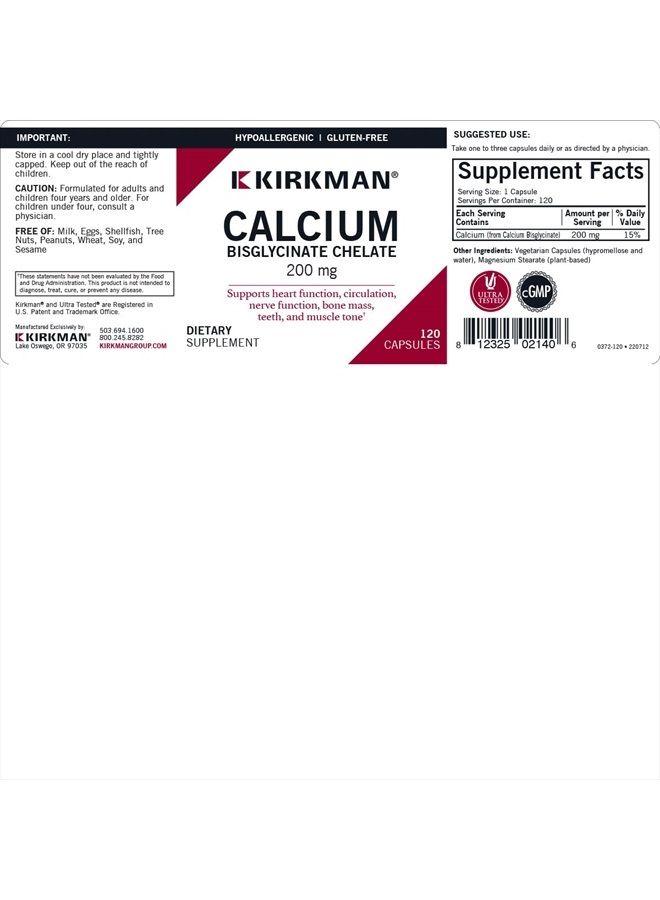 Kirkman Calcium Bisglycinate Chelate 200mg - 120 Capsules - Without Vitamin D3 - Helps Maintain Strong Bones - Hypoallergenic - Image 3