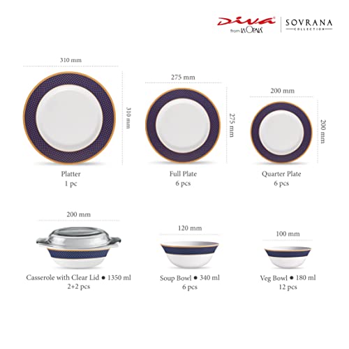La Opala Diva, Sovrana Collection, Opal Glass Dinner Set 35 pcs, Regent Blue, White - Image 3