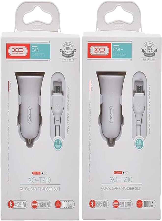 طقم شاحن سيارة Xo tz10 مع كابل مايكرو بقدرة 2.1 أمبير كحد أقصى و12 واط ومنفذي USB، طوله 1000 مم، مكون من قطعتين - أبيض